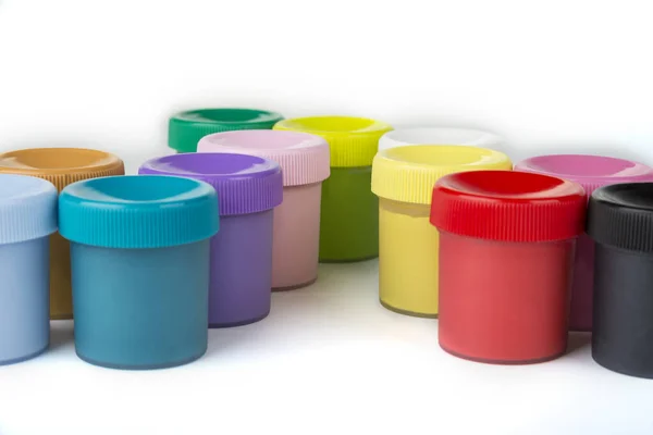 Schoolverf Plastic Containers Een Witte Achtergrond — Stockfoto