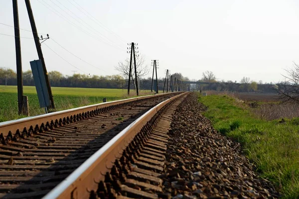 Залізничні Колії Електричними Полюсами Небом — стокове фото