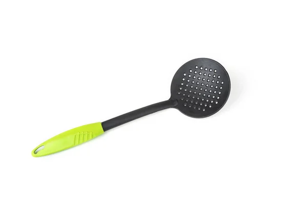 Cozinha Plástico Batatas Fritas Slotted Spoon Fundo Branco — Fotografia de Stock