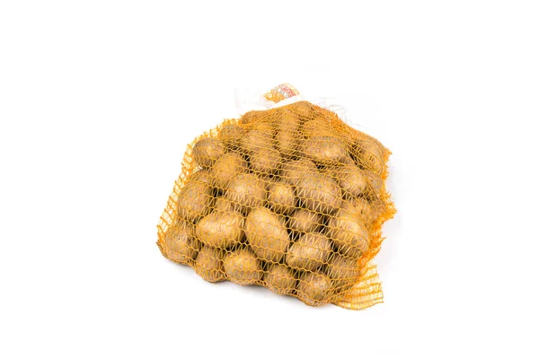 Pomme Terre Dans Sac Filet Maille Sur Blanc — Photo