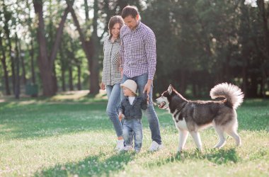 küçük bir çocuk ve bir köpek husky ile gülümseyen mutlu genç aile. adam ve kız bir yürüyüş. 