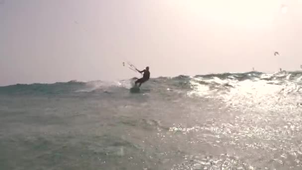 风筝冲浪者乘着大西洋的波浪冲浪 — 图库视频影像