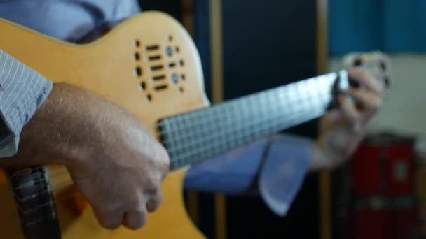 Akustik gitarla çalan erkek müzisyenin eli — Stok video