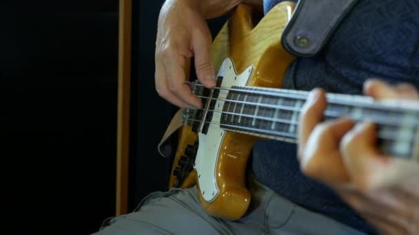 Nahaufnahme von E-Bass-Gitarrensaiten mit Fingern darauf — Stockvideo