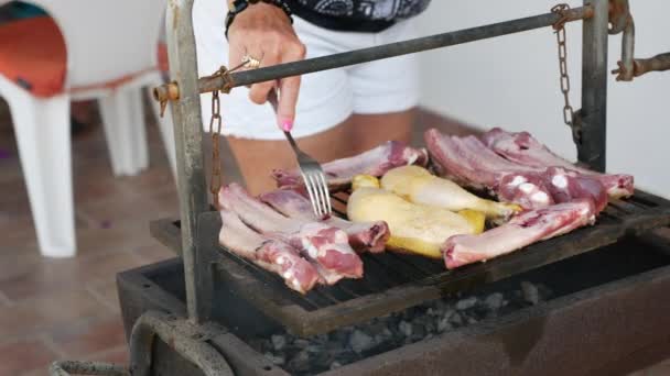 Щаслива літня леді готує на барбекю разом зі своєю сім'єю — стокове відео