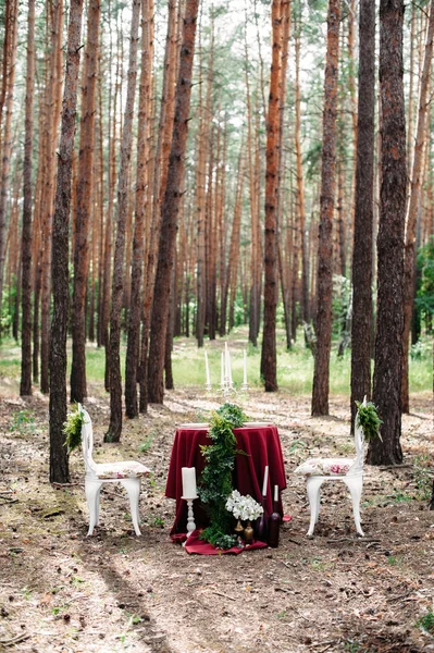 Decoración de deshierbe. Mesa decorada servida para dos en bosque de pinos — Foto de Stock
