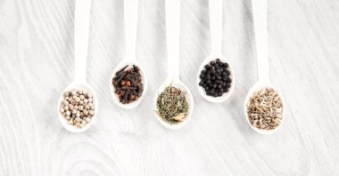 Çeşitli baharatlar ve otlar tahta kaşıklar beyaz masa arka plan üzerinde. Aromatik gıda maddeleri yemek. Siyah ve beyaz biber, karanfil, kokulu, rezene tohumu. 
