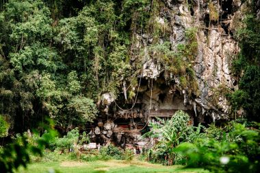 Eski torajan gömüldüğü yer Londa, Tana Toraja. Tabut mezarlığa mağarada yerleştirilir. Rantapao, Sulawesi, Endonezya