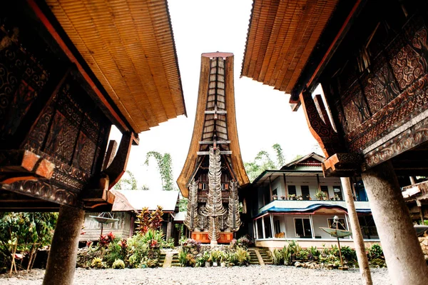 Bâtiment torajan traditionnel tongkonan avec beaucoup de cornes de bison sur une façade. Tana Toraja, Rantepao, Sulawesi, Indonésie — Photo