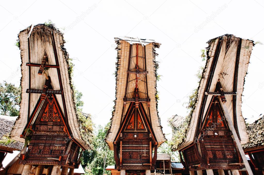Traditional torajan building tongkonan with carving and boat-shaped roofs. Tana Toraja, Rantepao, Sulawesi, Indonesia. 
