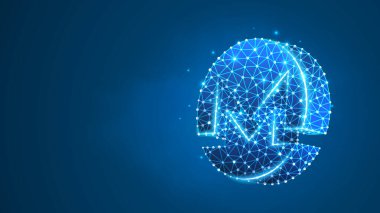Monero, Bay Şifreli Para Logosu. Kripto madencilik, engelleme sistemi, iş konsepti için akıllıca bir sözleşme. Soyut dijital kablo, düşük poligonal ağ, çokgen mavi neon 3d illüstrasyon. Çizgi nokta