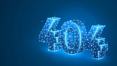 Hata 404 sayfası bulunamadı. Web sitesi açılamadı. Bağlantı sorunları, uyarı tasarımı. Soyut dijital kablo, düşük poligonal ağ, çokgen mavi neon 3d illüstrasyon. Çizgi nokta