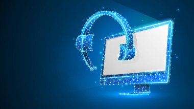 Beyaz bir bilgisayar ekranında mikrofonlu kulaklıklar. Online danışmanlık, problem çözme konsepti. Soyut dijital kablo, düşük poligonal ağ, çokgen mavi neon 3d illüstrasyon. Çizgi nokta