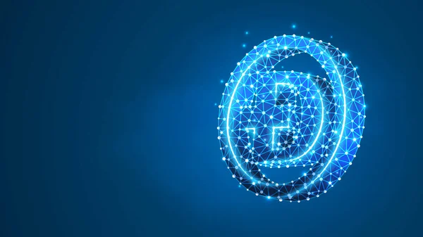 Das Logo der Kryptowährung Dogecoin. Krypto-Mining, Blockchain-System, Smart Contract für das Geschäftskonzept. abstraktes digitales Drahtgeflecht, niedriges Polygonnetz, polygonale Vektorgrafik in Neon. Linienpunkt — Stockvektor