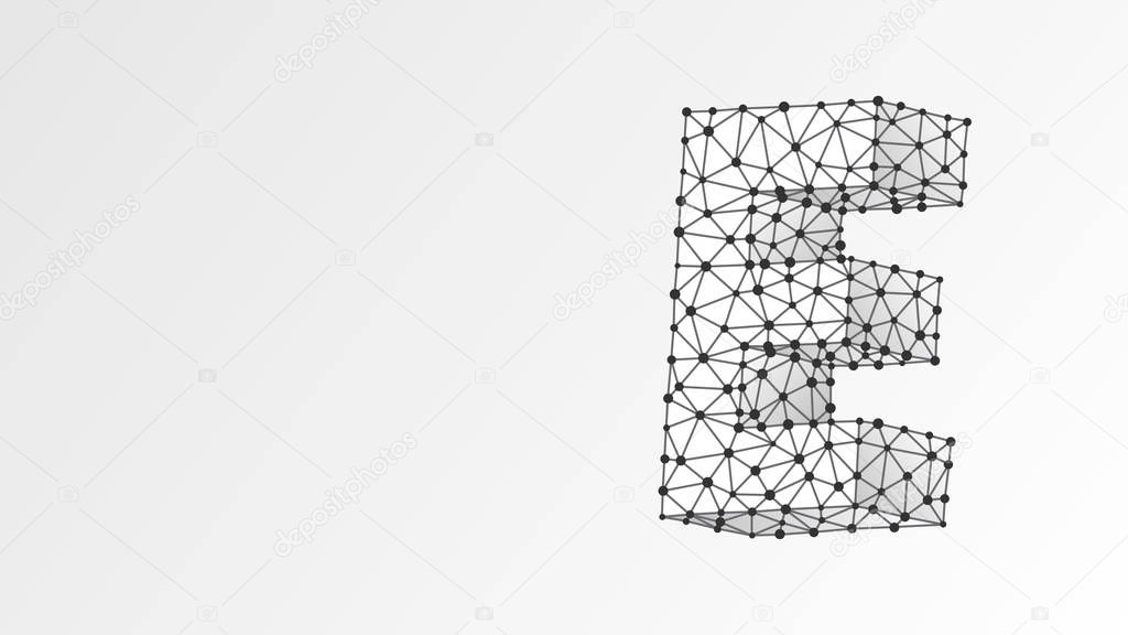 Alphabet letter E. Abstract digital wireframe, low poly mesh, vector white origami 3d illustration. Design of an Uppercase letter. Banner, template or a pattern. Triangle, line, dot