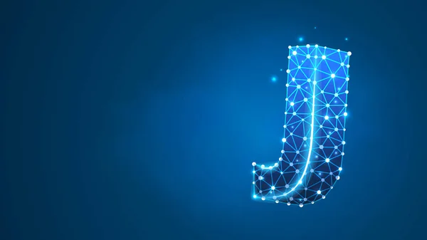 Letra del alfabeto J. Diseño de una letra mayúscula. Banner, plantilla o patrón. Alambre digital abstracto, malla de poli baja, ilustración 3D de neón azul vectorial. Triángulo, punto de línea — Vector de stock