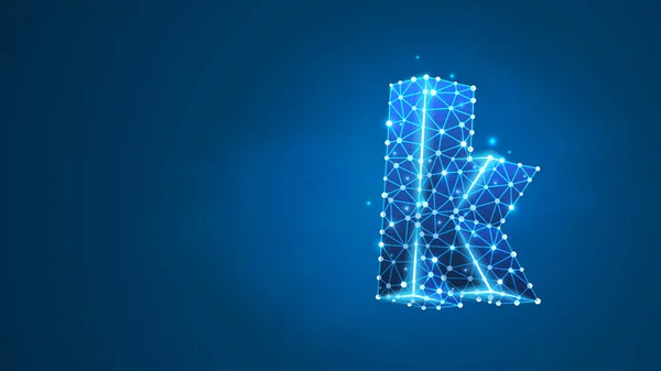 Alphabet letter K. Design of a lowercase letter. Banner, template or a pattern. Abstract digital wireframe, low poly mesh, vector blue neon 3d illustration. Triangle, line dot — 图库矢量图片