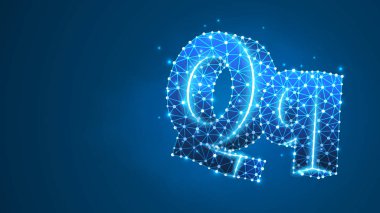Alfabe harfi Q. Büyük ve küçük harfli İngilizce harflerin dizaynı. Sancak, şablon ya da şablon. Soyut dijital kablo, düşük polyester ağ, vektör mavi neon 3d illüstrasyon. Üçgen, nokta noktası.