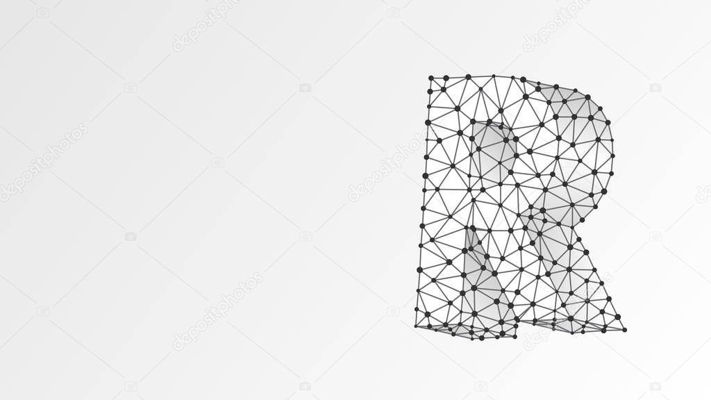 Alphabet letter R. Abstract digital wireframe, low poly mesh, vector white origami 3d illustration. Design of an Uppercase english letter. Banner, template or a pattern. Line dot