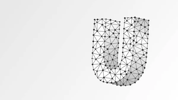Alphabet lettre U. Abstrait wireframe numérique, faible maille poly, vecteur blanc origami illustration 3d. Conception d'une lettre anglaise majuscule. Bannière, gabarit ou motif. Point de ligne — Image vectorielle