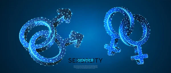 Two Male Gay, two Female Lesbian gender symbol set. Wireframe, digital vector 3d illustration. Low poly, men and girl homosexuality concept on blue neon background. Abstract polygonal LGBT sign — Stock Vector