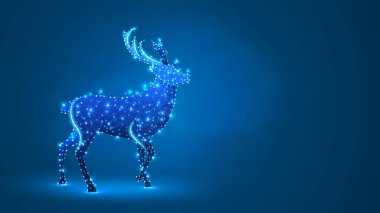Geyik, Ren geyiği silueti. Düşük yalan makinesi, kablo çerçevesi, dijital 3d vektör çizimi. Noel, yeni yıl tebrik kartı konsepti mavi neon arka plan. Soyut çokgen resim