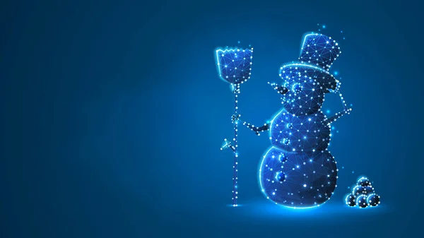 Snowman dengan siluet sapu. Poly rendah, wireframe, digital 3d vektor ilustrasi. Wintertime, hari salju, musim dingin konsep menyenangkan di neon biru latar belakang. Citra poligonal abstrak - Stok Vektor