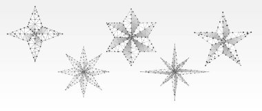 Volumetrik yıldız kümesi. Dört, beş, altı ve sekiz ışın yıldızı. Beyaz origami arka planında gökyüzündeki yıldız konsepti. Düşük poli, soyut, çokgen, kablo çerçevesi, 3 boyutlu vektör illüstrasyonu