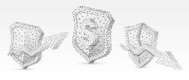 Usd 'un güvenlik kalkanı, büyüme ve aşağı yönlü ok sembolleri yerleştirildi. Düşük yalan makinesi, kablo çerçevesi, dijital 3d vektör çizimi. Soyut çokgen para koruma kavramı, beyaz origami arkaplan üzerindeki resim