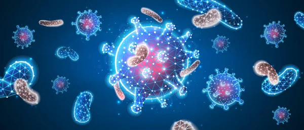 Viruscel. Immunologie, nieuwe stam epidemie, infectie pathogeen concept. Abstract veelhoekig beeld op blauwe neon achtergrond. Lage poly, draadframe, digitale 3D vector illustratie — Stockvector