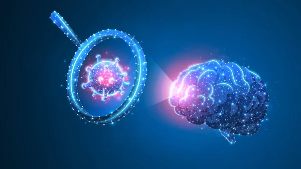 Εξερεύνηση εγκεφαλικών κυττάρων. Επιδημική έρευνα στελέχους, ανοσολογία και παθογόνο λοίμωξη έννοια. Αφηρημένη πολυγωνική εικόνα σε μπλε φόντο νέον. Χαμηλή πολυ, wireframe, ψηφιακή τρισδιάστατη διανυσματική απεικόνιση — Διανυσματικό Αρχείο