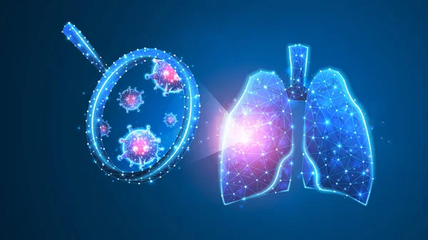 Lungs Virus-celle udforskning. Epidemistammeforskning, lungebetændelse eller respiratorisk patogen koncept. Abstrakt polygonalt billede på blå neonbaggrund. Lav poly, wireframe, digital 3d vektor illustration – Stock-vektor