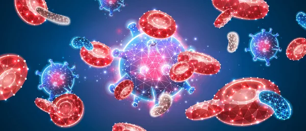 Virusinfektio. Influenssavirussolut ja punasolut verenkierrossa. Abstrakti monikulmainen kuva tummansinisellä neontaustalla. Alhainen poly, langallinen runko, digitaalinen 3d vektori kuvitus — vektorikuva