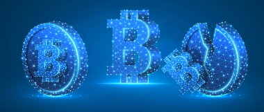Set of Bitcoin symbols. Currency growth and downtrend concept art. Blank and broken coins. Low poly, wireframe digital 3d vector illustration. Abstract, polygonal image on blue neon background