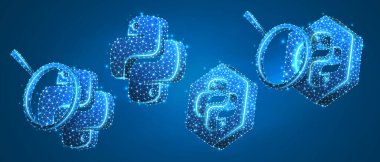 Büyüteçle birlikte Python kodlama dili işaretleri. Programlama, geliştirme konsepti. Düşük poli, kablo 3D vektör illüstrasyonu. Mavi neon arkaplan üzerindeki soyut çokgen resmi