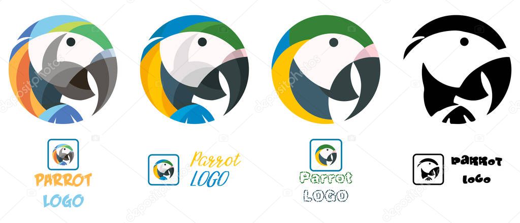 Parrot or macaw colorful vector set of logotypes, four logo illustrations of an exotic bird