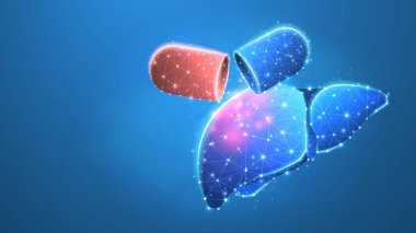 Karaciğer tedavisi. İlaçlı kapsül, hepatit aşısı hap konsepti. Düşük poli, kablo 3D vektör illüstrasyonu. Mavi neon arkaplan üzerindeki soyut çokgen resmi