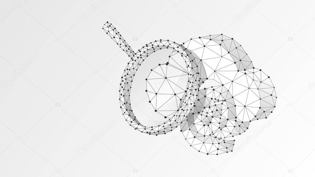 Cloud Storage of mail with a magnifying glass sign. Concept of data access analysis, online mailing database. Low poly, wireframe 3d vector illustration. Abstract polygonal image on white origami bg