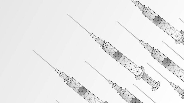 Vaccination. Syringe banner or template. Health care, concept of medical treatment. Low poly, wireframe 3d vector illustration. Abstract polygonal image on white origami background