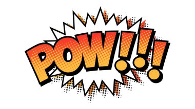 Yarıtonda, çizgi roman konuşma balonunda Pow ifadesi metni. Beyaz arkaplanda izole edilmiş retro pop tarzı parlak ve dinamik bir çizgi film görüntüsünün vektör çizimi