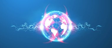 Dünya bir salgın halinde. Dünya gezegeninde enfeksiyon salgını. Küresel karantina, biyolojik tehlike. Düşük poli, kablo 3D vektör illüstrasyonu. Mavi neon arkaplan üzerindeki soyut çokgen resmi