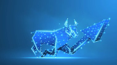 Boğa piyasası eğilimi, büyüme oku. Borsa ve ticaret şeması konsepti. Düşük poli, kablo 3D vektör illüstrasyonu. Mavi neon arkaplan üzerinde soyut, çokgen resim
