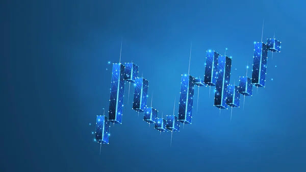 Aktieschema. Växande finansiellt index. Låg poly, wireframe 3d vektor illustration. Sammanfattning, polygonal bild på blå neon bakgrund — Stock vektor