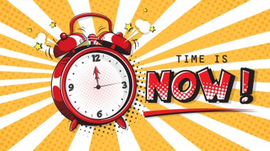 Komik alarm saati ve konuşma baloncuğu artık metin oldu. Yarım ton arkaplanda retro pop sanat tarzında renkli ve dinamik bir karikatürün vektör çizimi