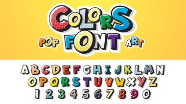 Comic font harfleri seti. Çocuk kitapçıkları için İngiliz alfabesi, çizgi film tarzı posterler. Yarım ton arkaplanda retro pop sanat tarzında renkli bir yazı tipinin vektör illüstrasyonu