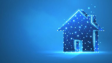 Ev, emlak konsepti. Özel ev konsepti. Düşük poli, kablo 3D vektör illüstrasyonu. Mavi neon arkaplanda soyut çokgen imge