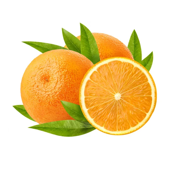 İki olgun sulu turuncu ve beyaz backgroundthree olgun sulu turuncu izole onun yarısı — Stok fotoğraf