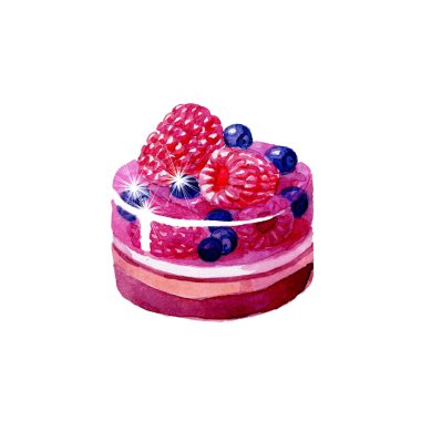 Tatlı berry kek. Yaban mersini ve ahududu jöle ile pasta. Beyaz bir arka plan üzerine klasik suluboya.