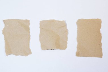 Beyaz arkaplanda parçalanmış ya da yırtılmış kahverengi kağıt koleksiyonu