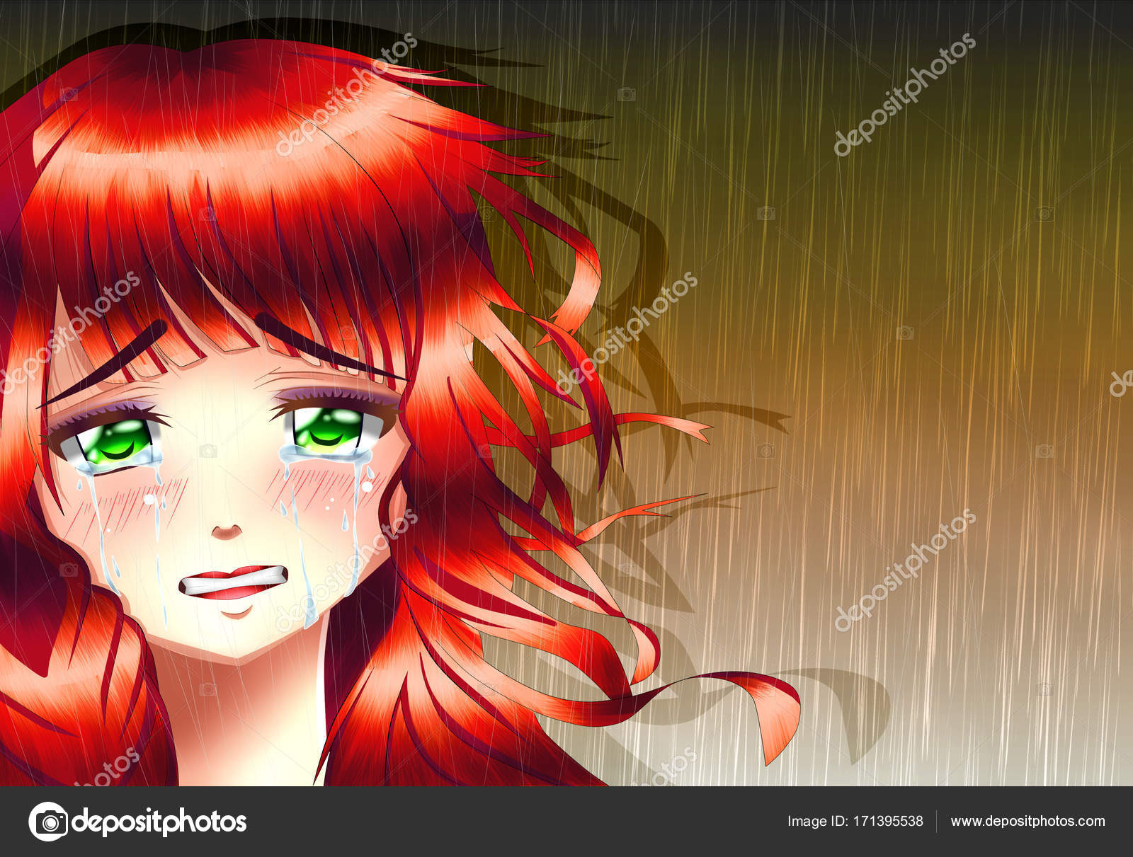 Anime garota triste na ilustração da chuva